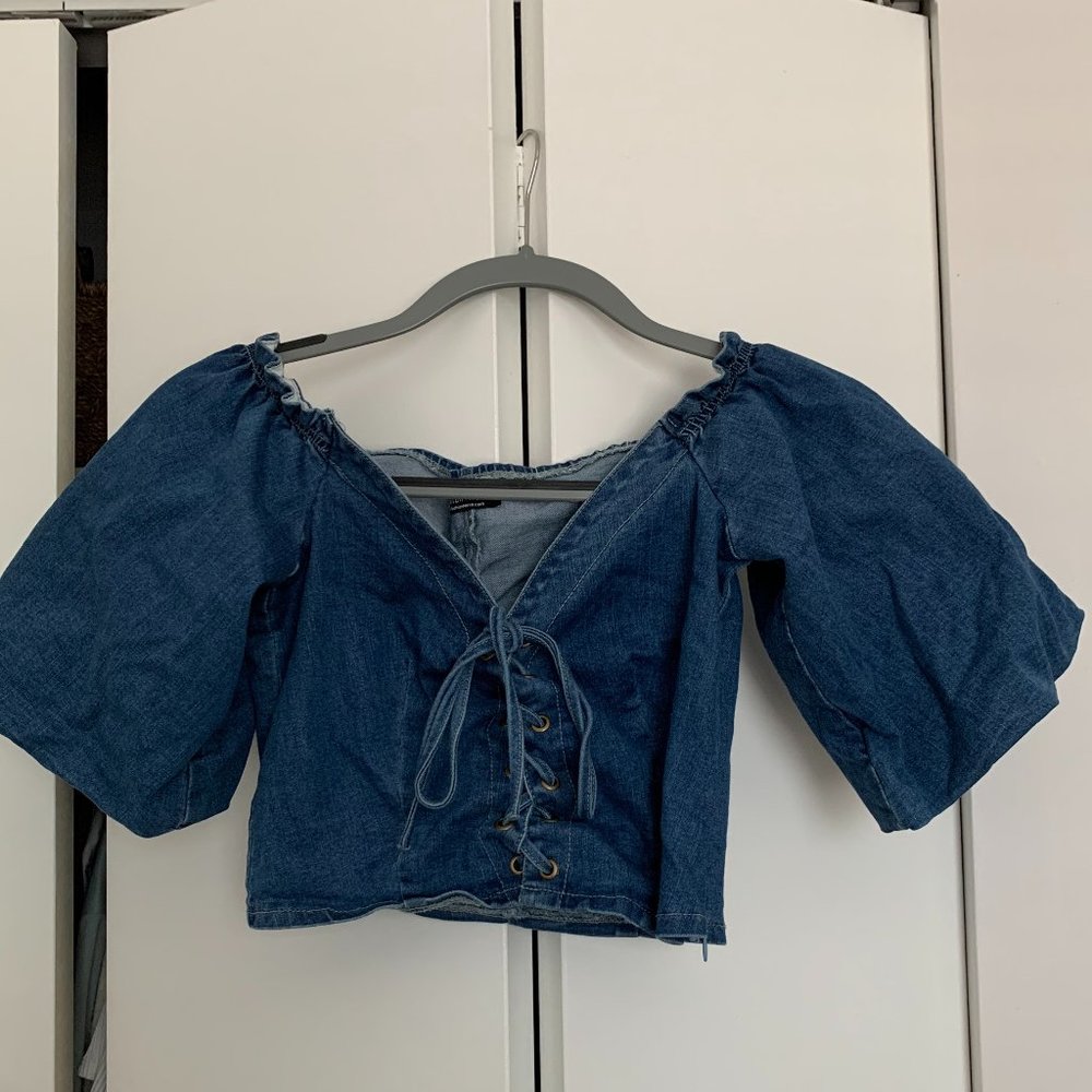 Cropped Denim Top w/Balloon Sleeves